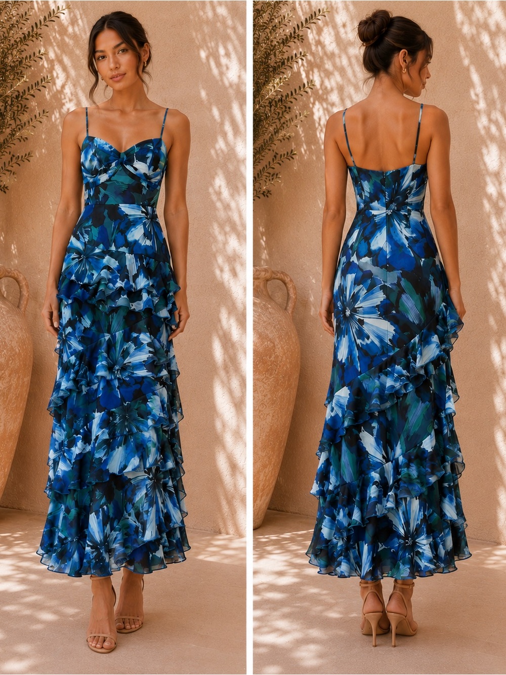 hutch jimmy blue & green watercolor floral print ruffle tiered maxi dress small